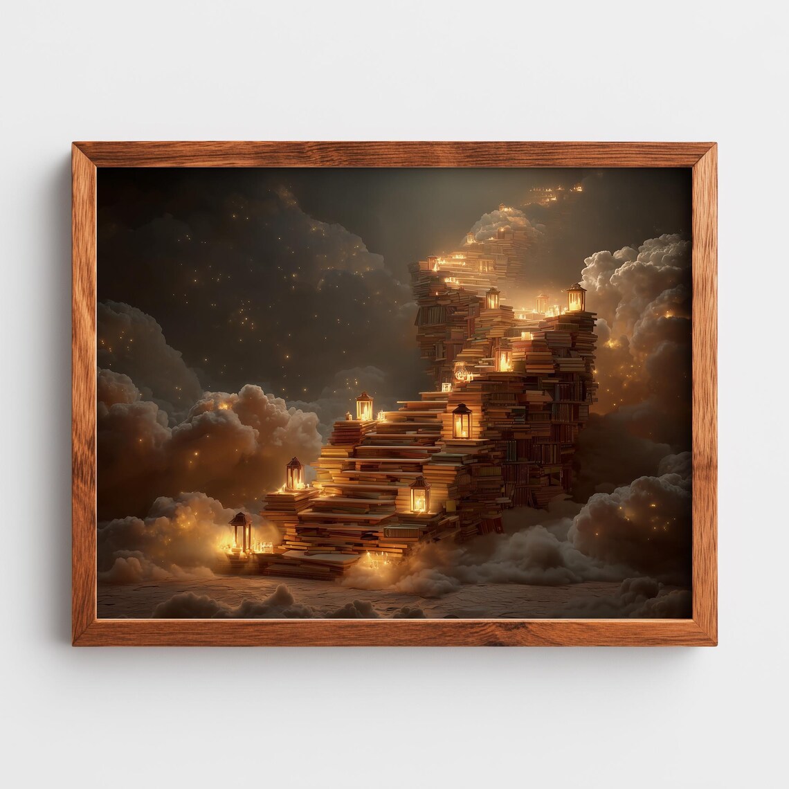 Floating Staircase of Books Lantern Lit Fantasy Dreamscape Poster