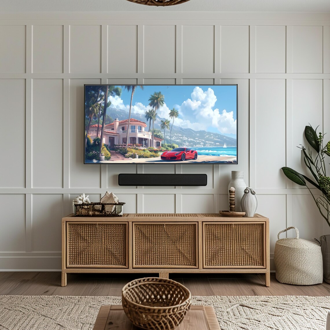 Luxury Coastal Villa Red Sports Car Palm Ocean View Scenic Poster - Image 3