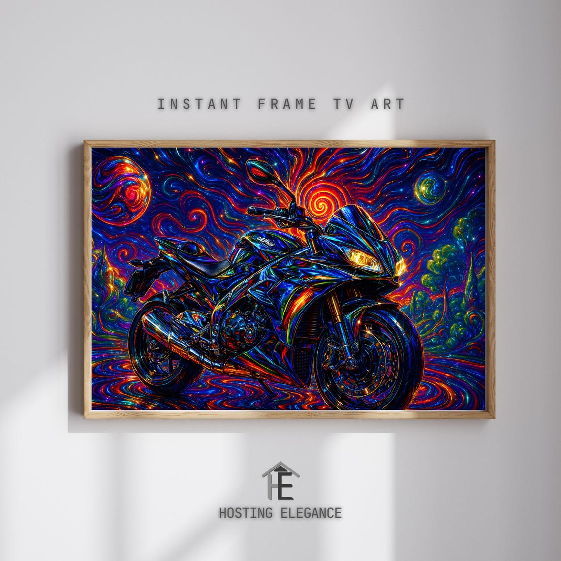 Psychedelic Sport Motorcycle Cosmic Neon Swirl Night Art Poster