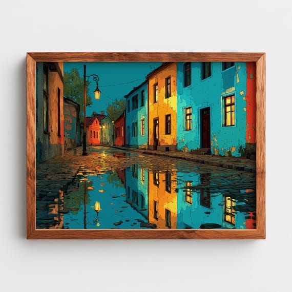 European Street In Early Evening Moody Wall Art Reflective Water Rustic Urban Scene Decor Painting 141