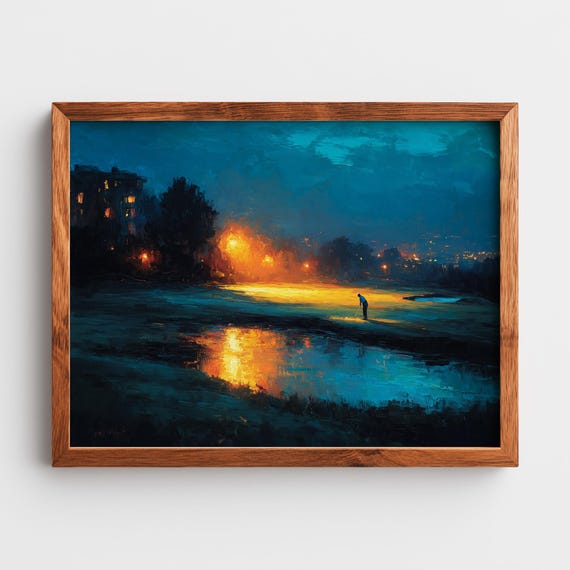 Rustic Golf Scene Under Floodlights Painting Moody Serene Night Art Sports Wall Decor Artwork Print 283