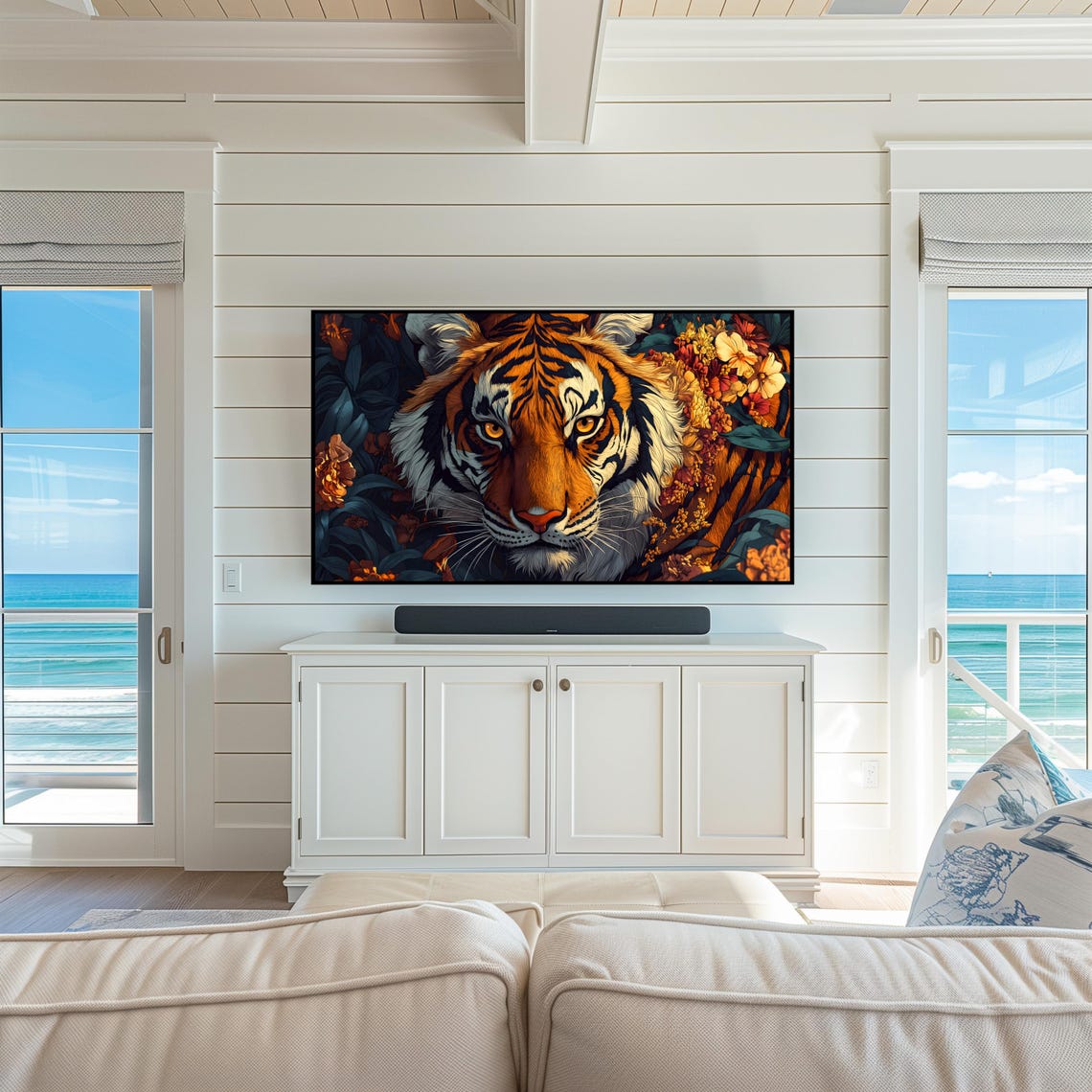 Majestic Tiger And Floral Tv Art Frame Tv Artwork Bold Tiger Portrait With Vibrant Flowers Wildlife Inspired Wall Decor - Image 5
