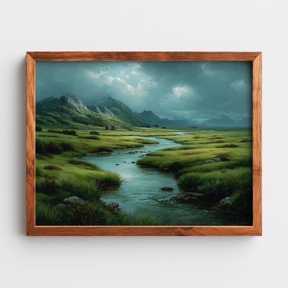 Moody Moorland Winding River Mountain Landscape Oil Art Poster