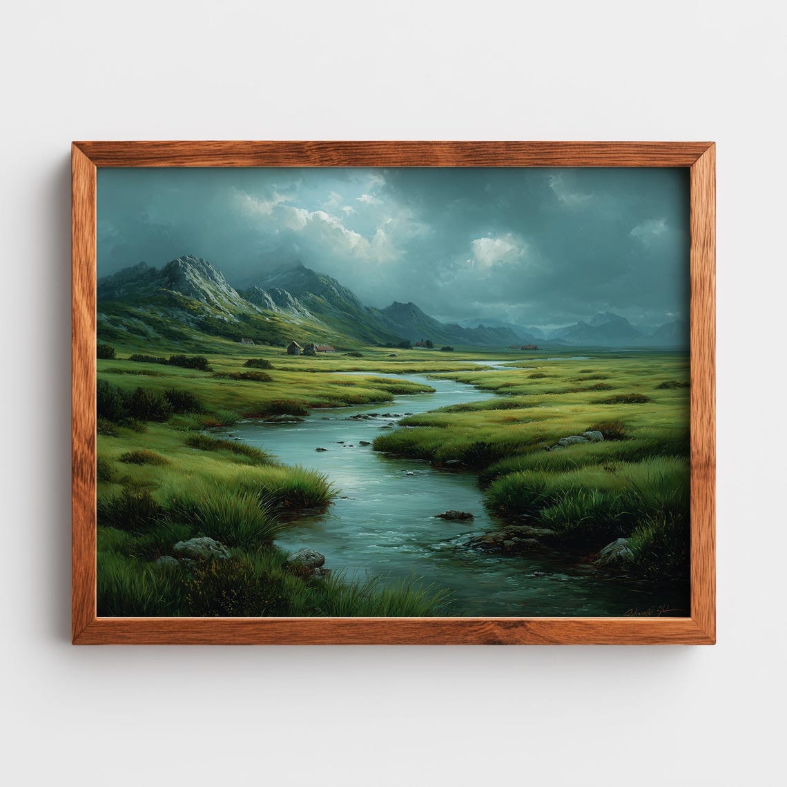 Moody Moorland Winding River Mountain Landscape Oil Art Poster