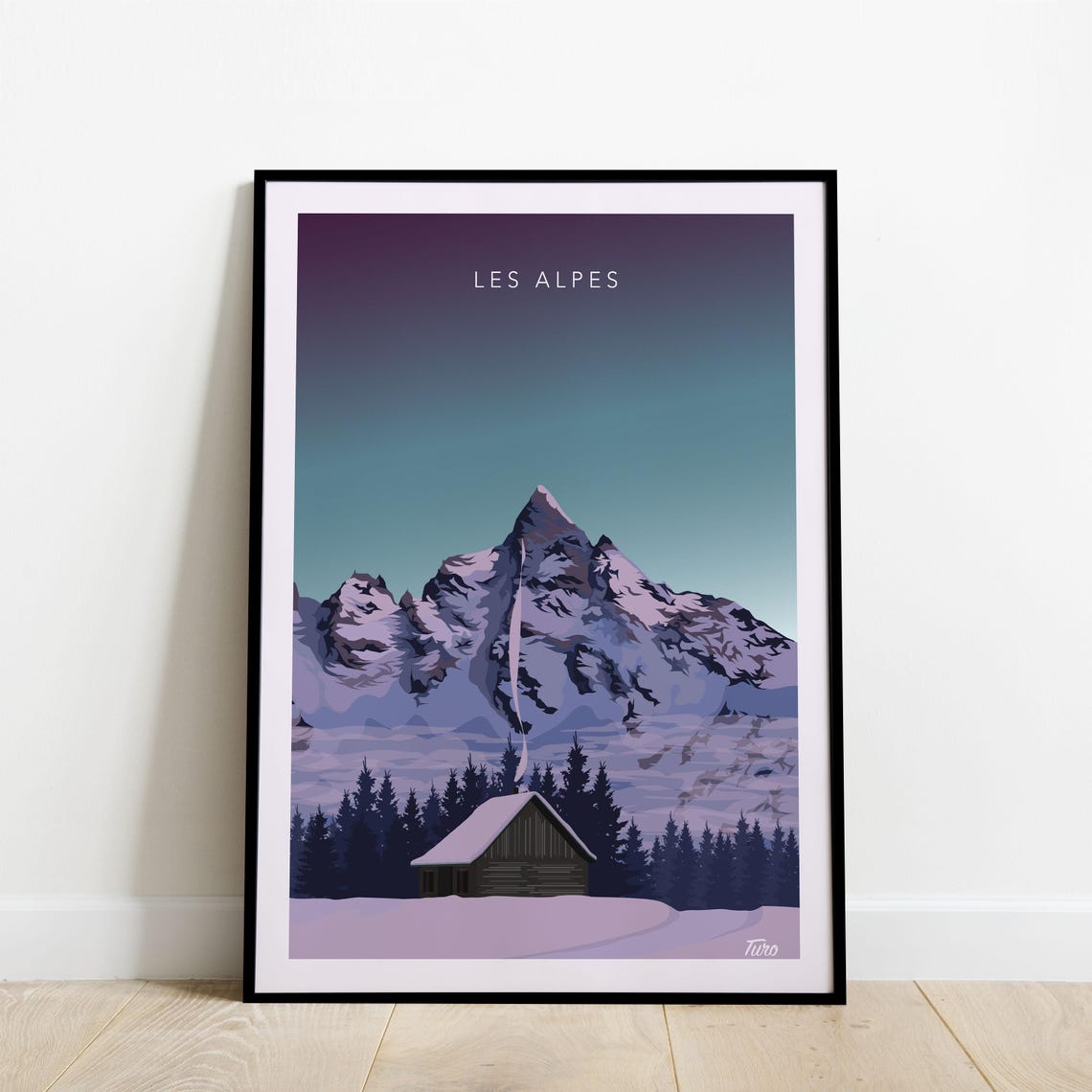 Les Alpes Snow Cabin Smoking Chimney Peak Teal Ski Travel Poster
