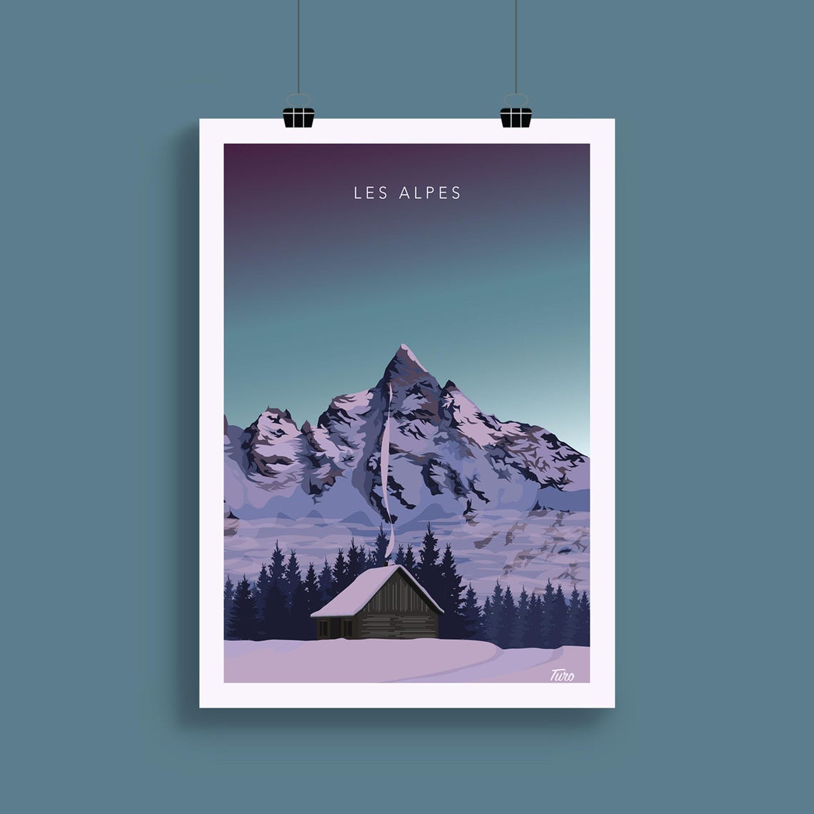 Les Alpes Snow Cabin Smoking Chimney Peak Teal Ski Travel Poster - Image 2