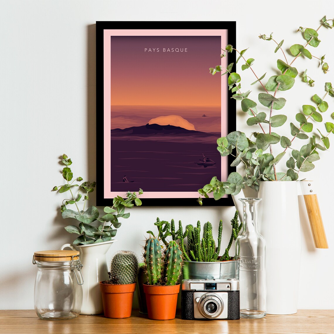 Basque Country Ocean Sunset Surfers Purple Retro Travel Poster - Image 3