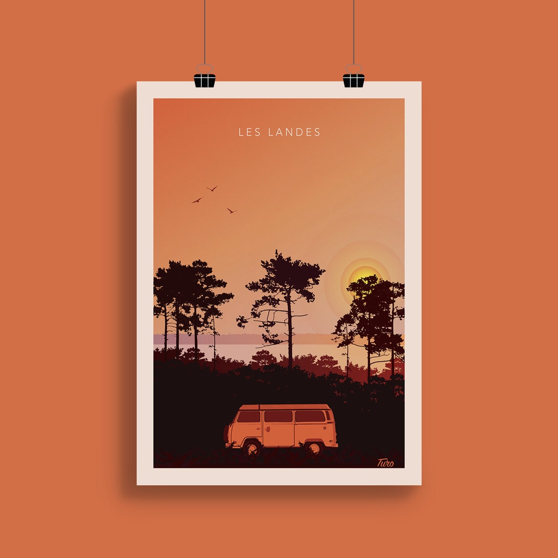 Les Landes Camper Van Under Pines Sunset Vintage Travel Poster
