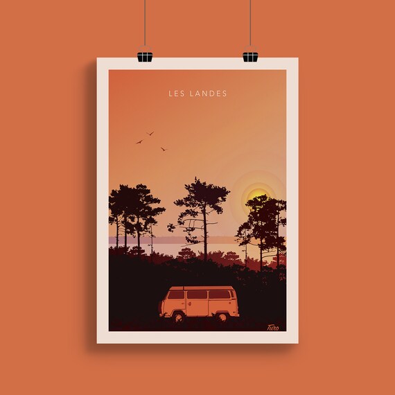 Les Landes Camper Van Under Pines Sunset Vintage Travel Poster