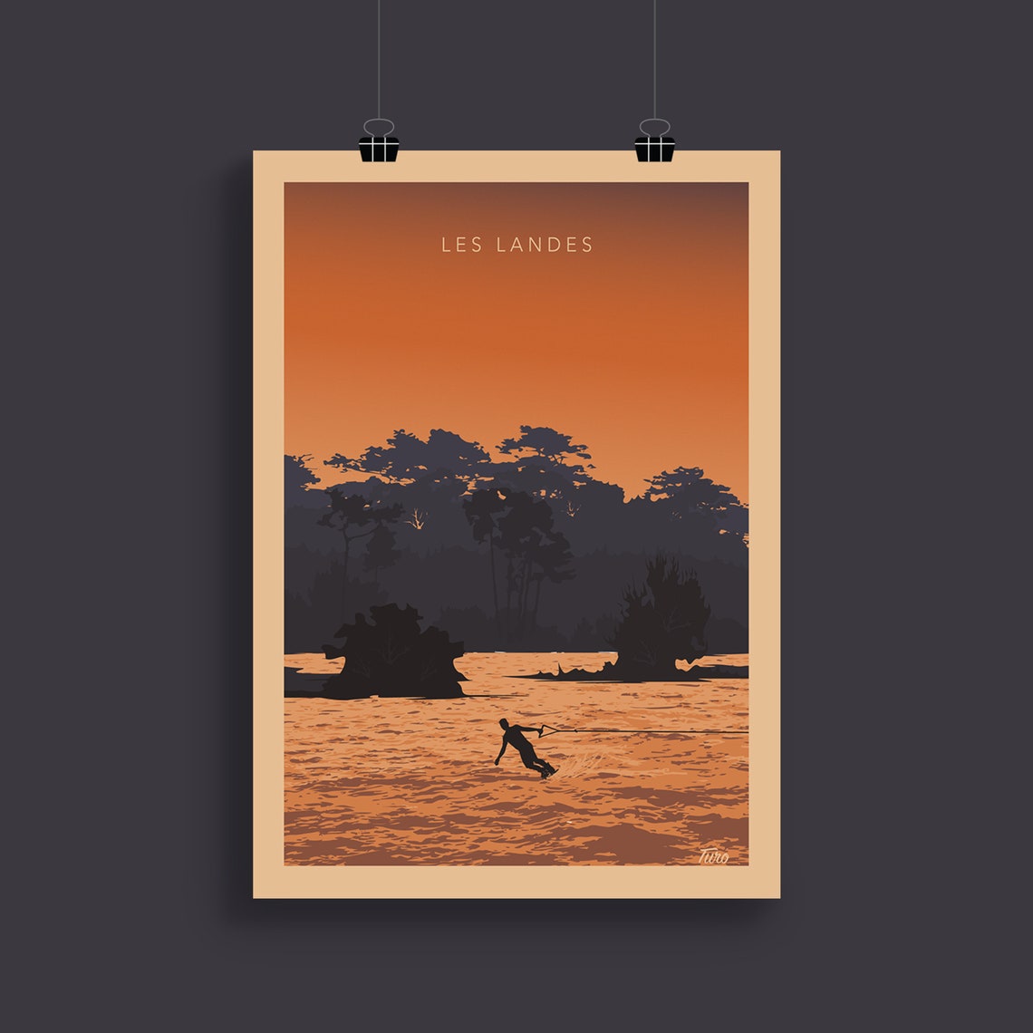 Les Landes Wakeboarder On Orange Sunset Water Scene Travel Poster - Image 2