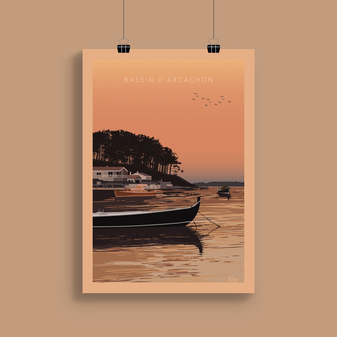 Bassin D'Arcachon Pinasse Boat Moored At Sunset Travel Poster