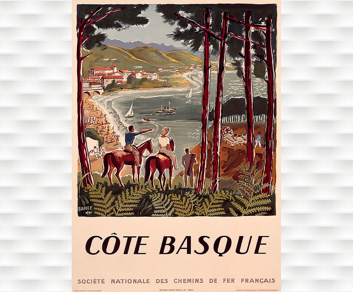 Cote Basque French Railway Vintage Horseback Coast Travel Poster