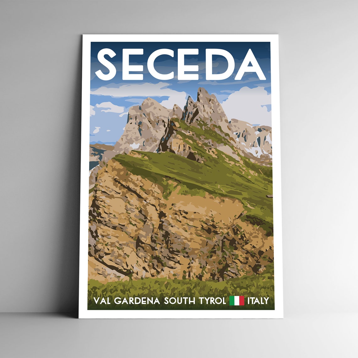 Seceda Val Gardena Italy Dolomites Vintage Travel Mountain Poster