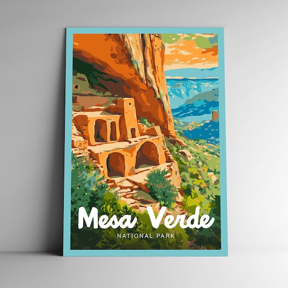 Mesa Verde National Park Cliff Dwelling Retro Illustration Travel Poster