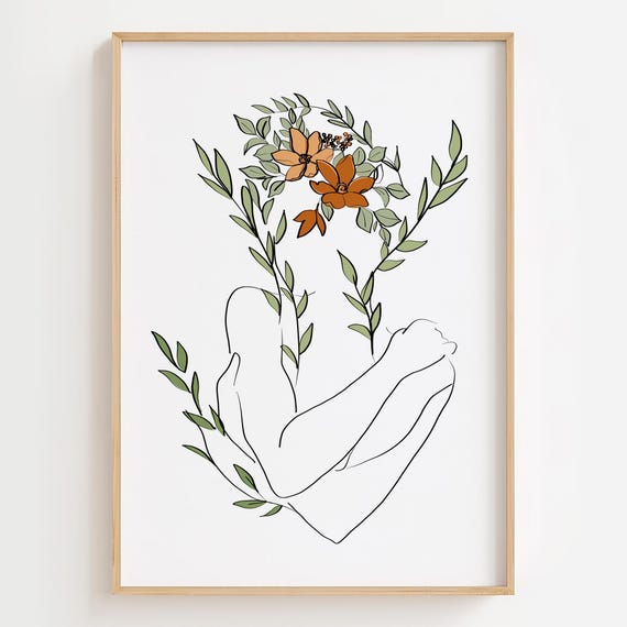 Abstract Woman Flower Line Art Print Feminine Wall Decor