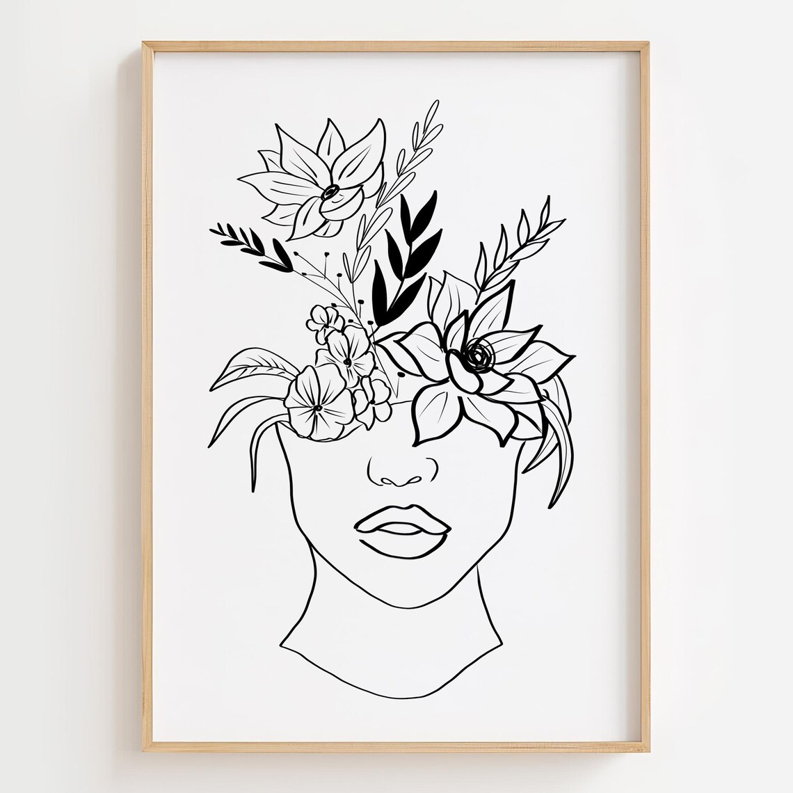 Floral Face Woman Minimalist Black Line Art Botanical Wall Poster