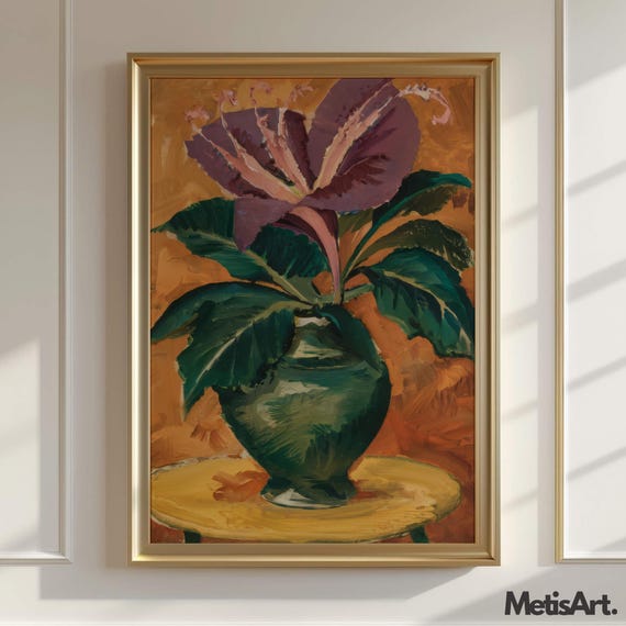 Floral Still Life Art Print Purple Flower In Green Vase Vintage Botanical Decor