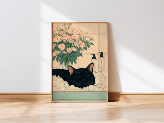 Black Cat Bubble Bath Japanese Bathroom Funny Cat Soak Poster
