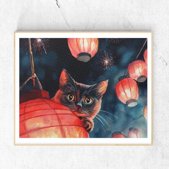 Black Cat And Red Lantern Night Wall Art With Fireworks Festival Scene