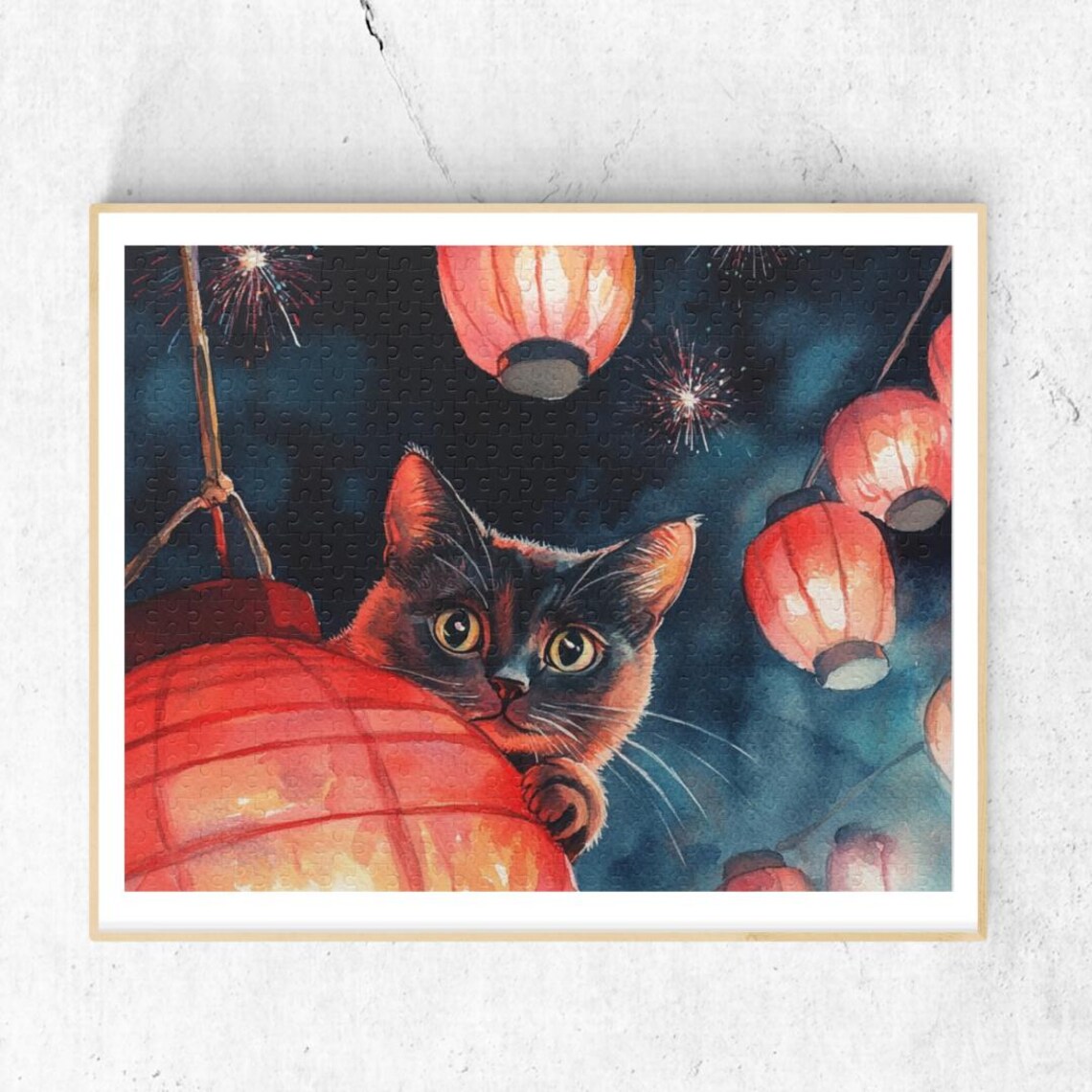 Black Cat And Red Lantern Night Wall Art With Fireworks Festival Scene