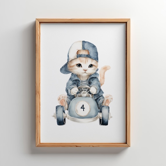 Cute Kitten In Denim Driving A Blue Toy Car Nursery Wall Art