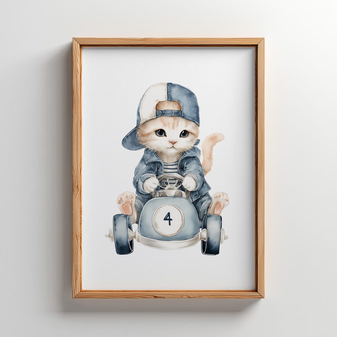 Cute Kitten In Denim Driving A Blue Toy Car Nursery Wall Art