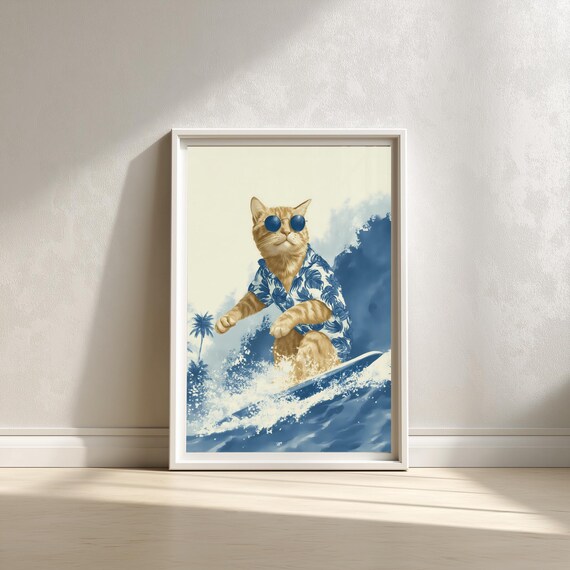 Tabby Cat Surfing In Aloha Shirt Tropical Wave Scene Wall Art