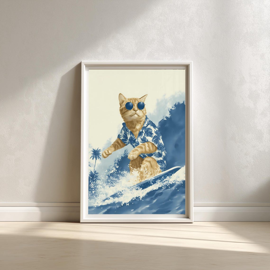 Tabby Cat Surfing In Aloha Shirt Tropical Wave Scene Wall Art