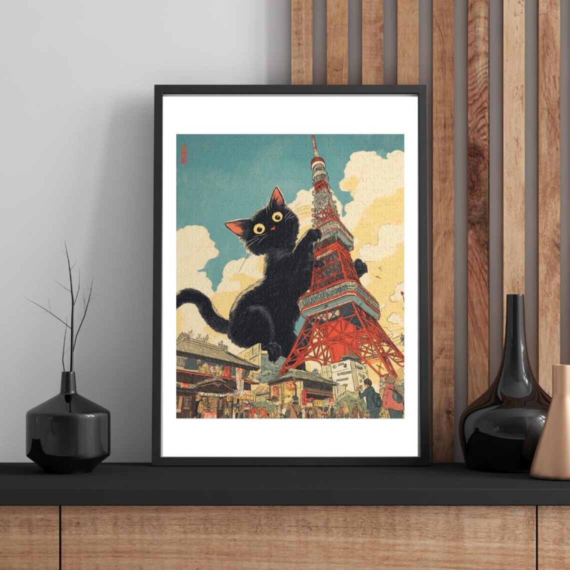 Giant Black Cat Climbing Tokyo Tower Japanese Whimsical Cat Poster