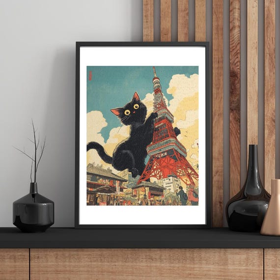 Black Cat Tokyo Tower Art Print Whimsical Zen Decor