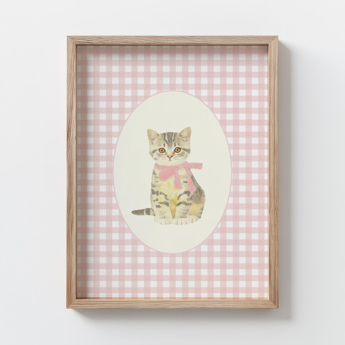 Gray Tabby Kitten Gingham Nursery Wall Art For Girls Room 5 Sizes Included