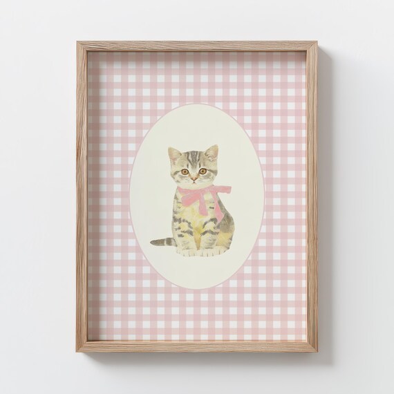 Gray Tabby Kitten with Pink Bow on Pink Gingham Nursery Poster