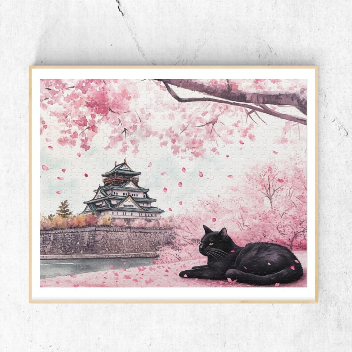 Osaka Castle Black Cat Watercolor Poster With Cherry Blossom Petals