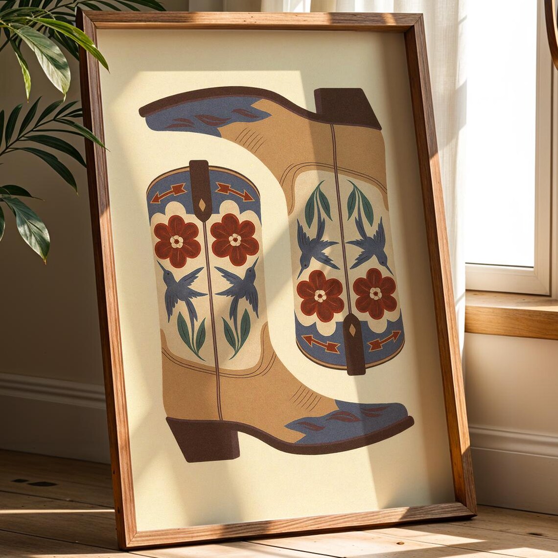 Pair Of Floral Cowboy Boots Birds Folk Art Western Wall Poster