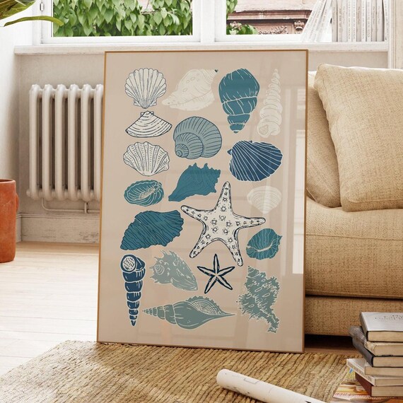 Blue Seashell and Starfish Coastal Beach Collage Nautical Art Poster