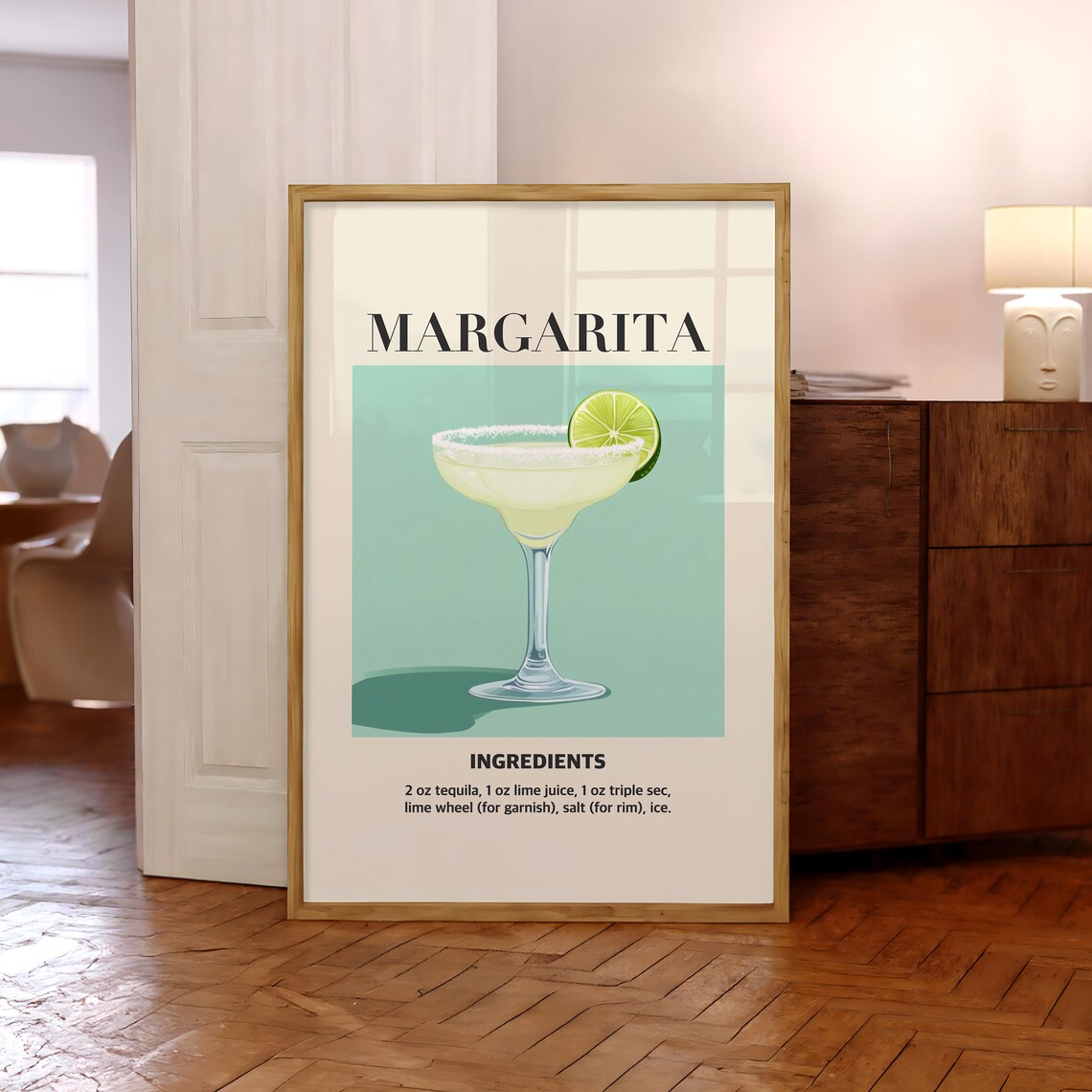 Classic Margarita Cocktail Recipe Retro Bar Cart Lime Wedge Art Poster
