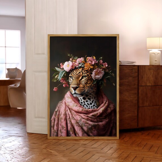 Leopard With Floral Crown Poster Wall Art Maximalist Decor Jungle Print Vibrant Prints Optional Frame