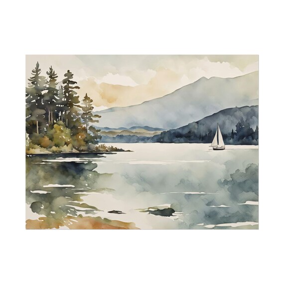 Maine Lake Sailboat Pine Shore Mountains Watercolor Landscape Poster