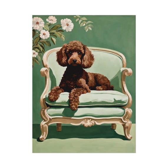 Brown Poodle Art Print Green Floral Wall Red Dog Lover Poster Unique Gift Watercolor Painting Home Decor Maximalist