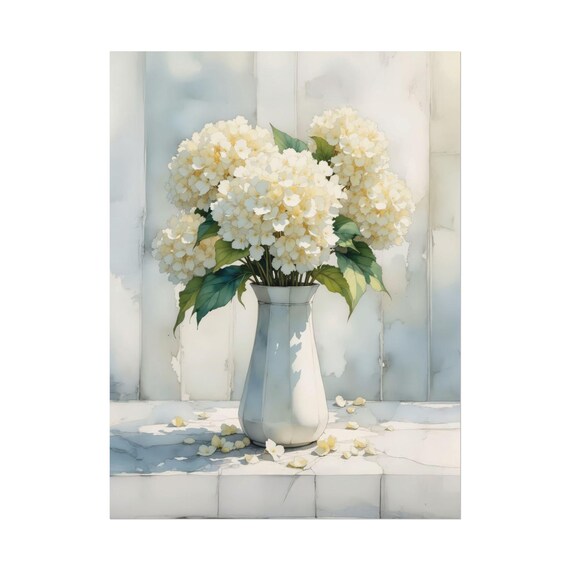 White Hydrangea Bouquet Vase Watercolor Floral Still Life Poster