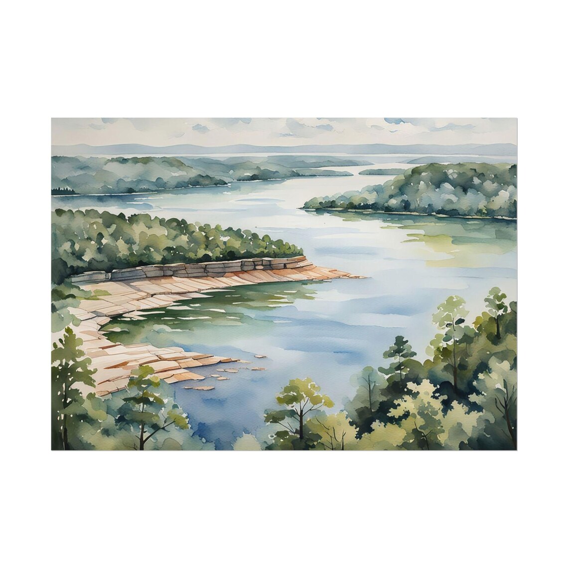 Forest Lake with Rocky Shoreline Watercolor Landscape Poster