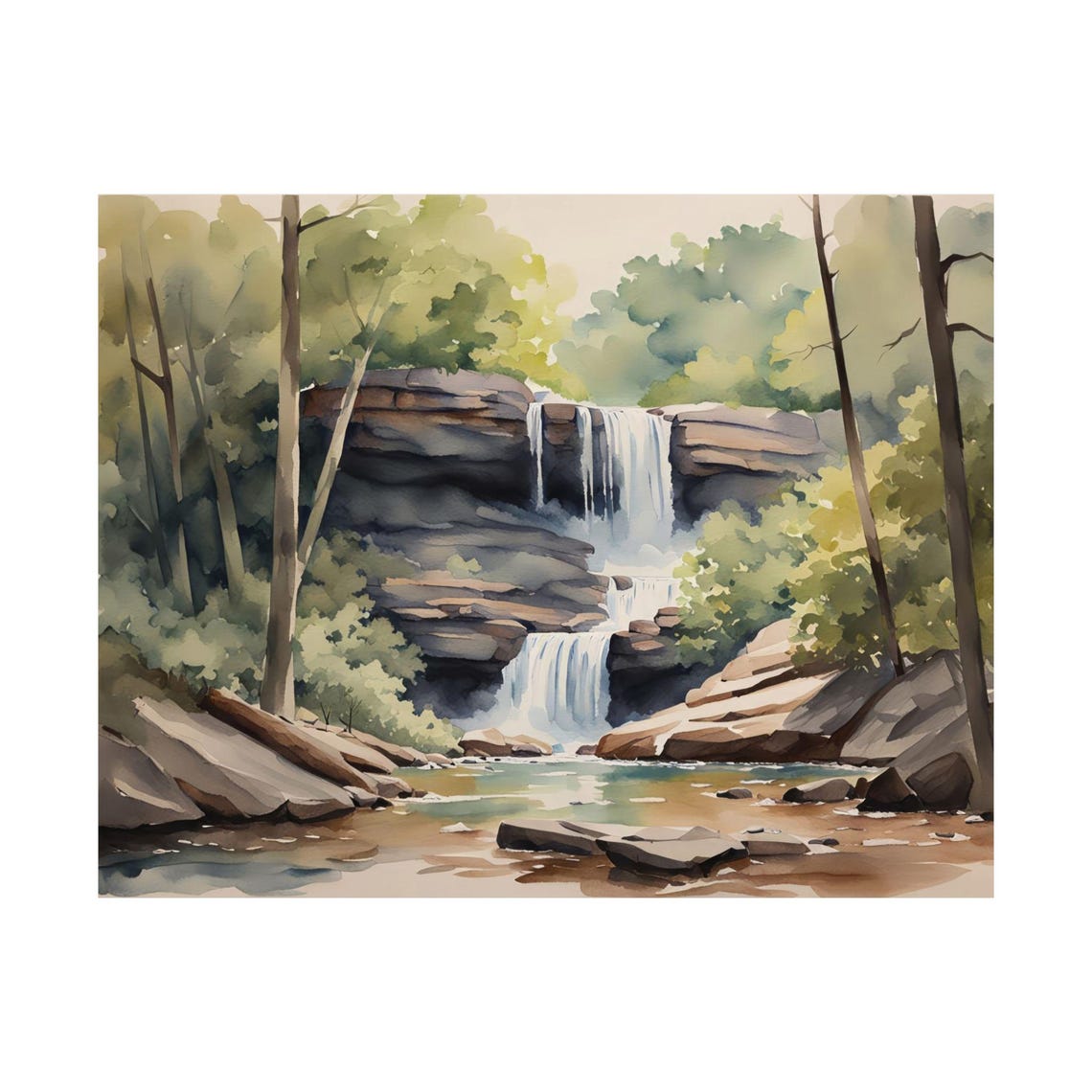 Forest Waterfall Watercolor Poster Tiered Falls And Shaded Rocky Pool