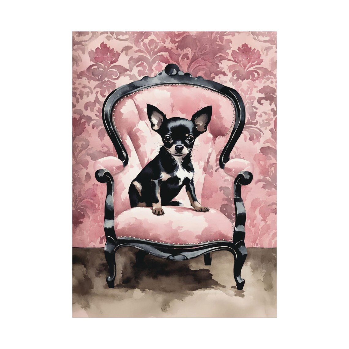 Chihuahua Puppy Portrait Pink Victorian Armchair Floral Wall Art