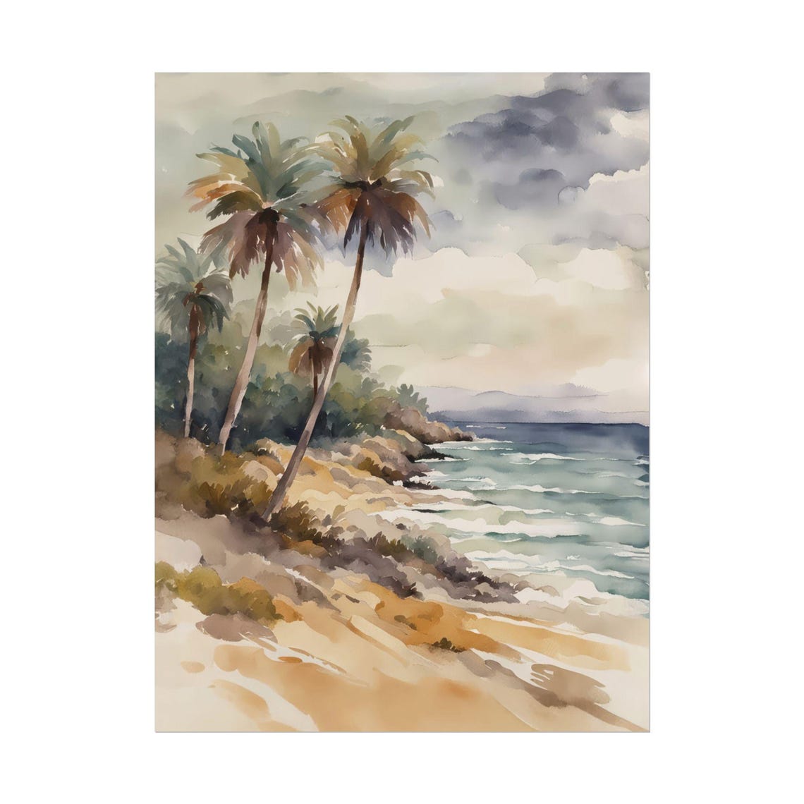 Palm Trees Neutral Coastal Watercolor Sandy Beach Seascape Poster