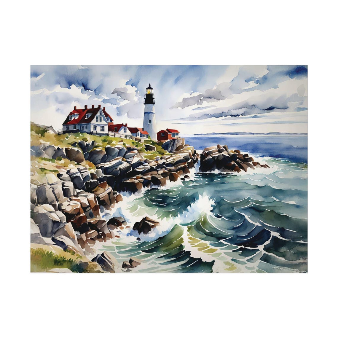 Portland Head Light Lighthouse Rocky Coast Waves Watercolor Wall Art