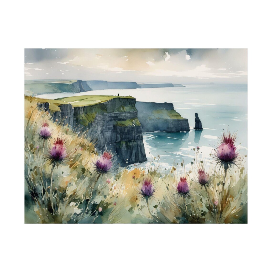 Cliffs Of Moher Watercolor Print, Irish Coastal Landscape