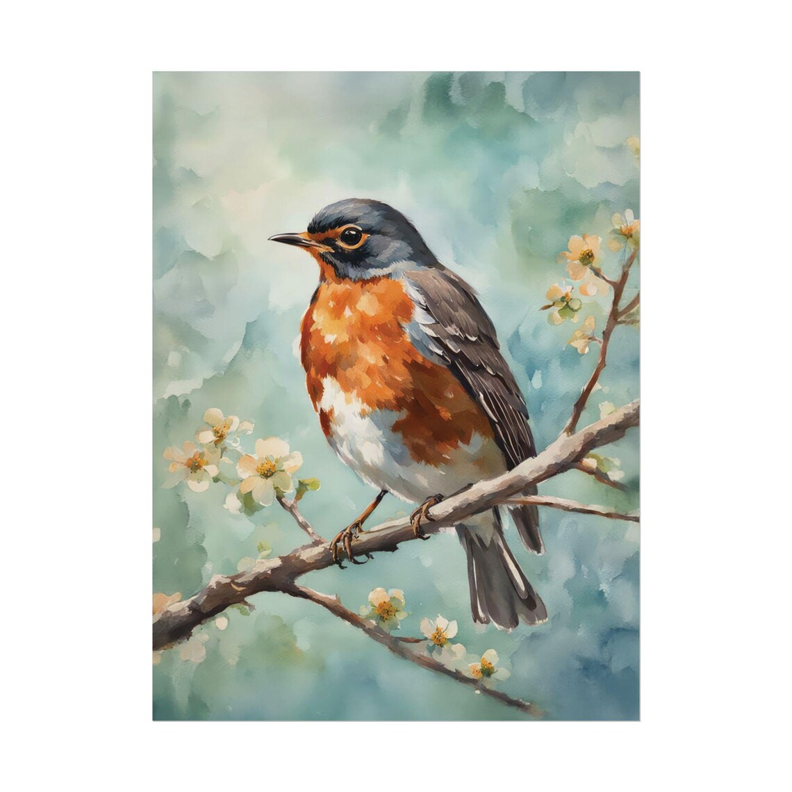 Robin Watercolor Art Print, Wildlife Floral Spring