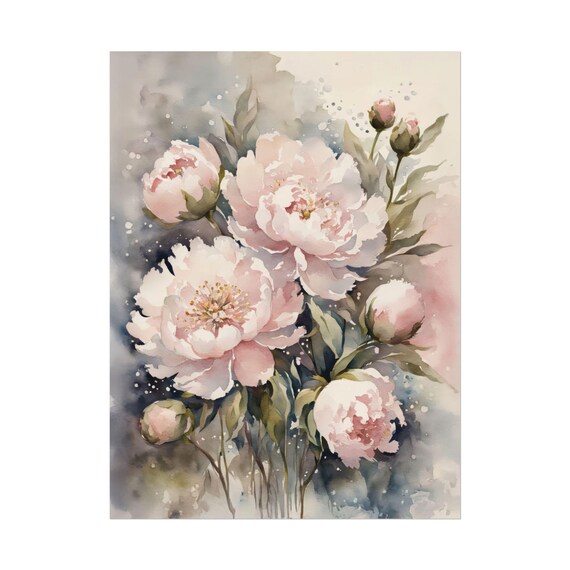 White Peonies Watercolor Bouquet Soft Grey Floral Art Poster