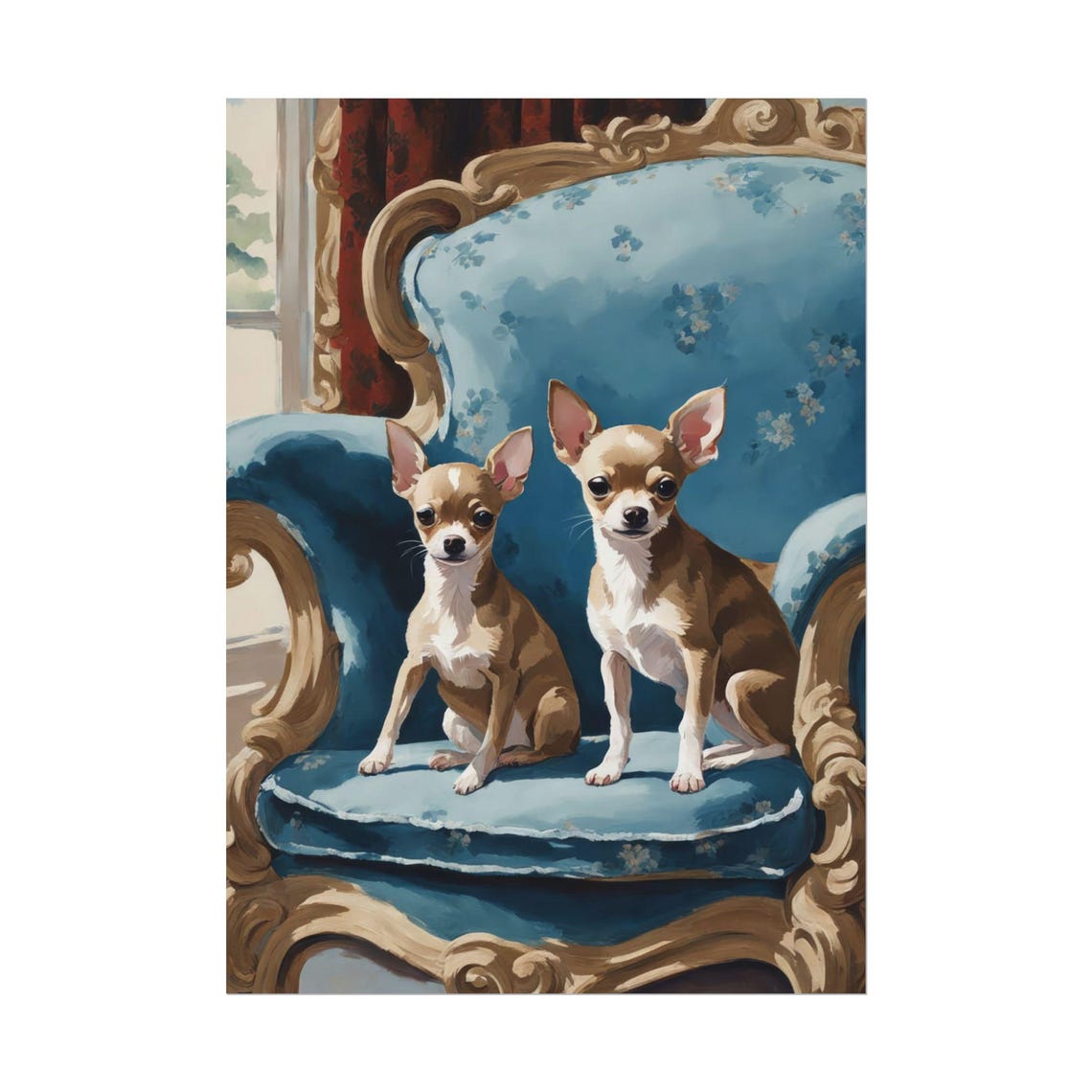 Two Fawn Chihuahuas Blue Victorian Chair Dog Duo Portrait Wall Art