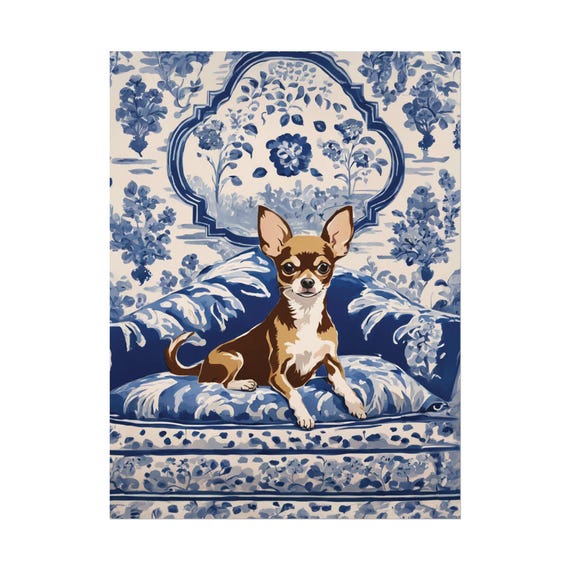 Brown Chihuahua On Sofa Art Print Nc195 Blue Floral Chinoiserie Wall Dog Lover Poster Gouache Watercolor Painting
